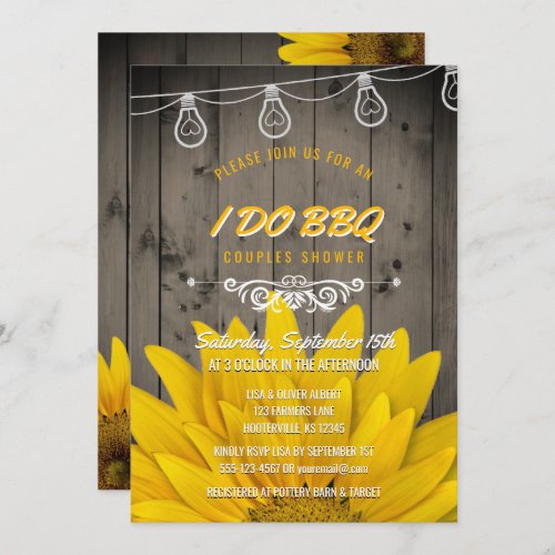 I Do BBQ Sunflower Couples Shower Rustic Barnwood Invitation