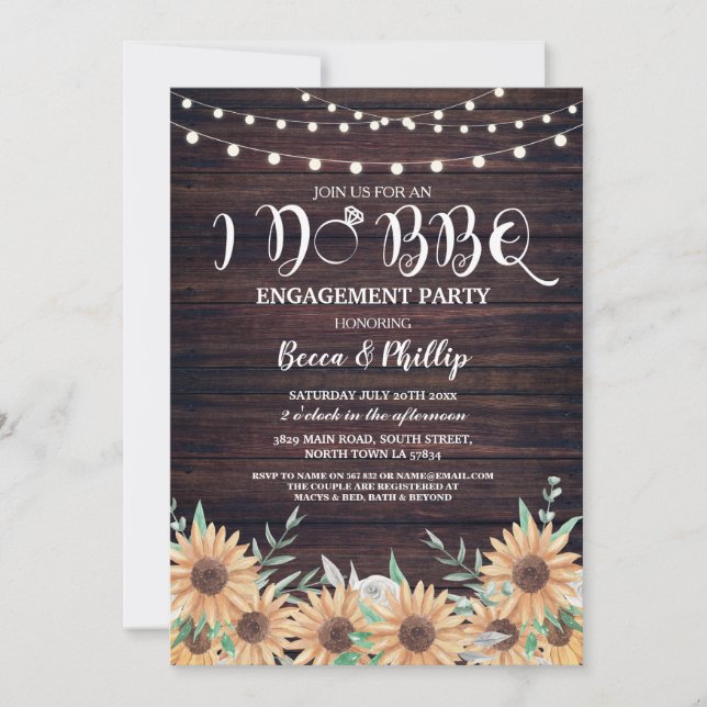 I DO BBQ Sunflower Engagement Party Wood Invite (Front)