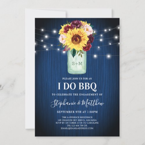 I Do BBQ Sunflower Mason Jar Blue Wood Lights Invitation
