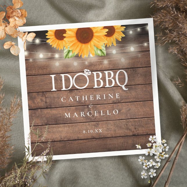 I Do BBQ Sunflower Rustic Wood Engagement Party Napkins (Creator Uploaded)