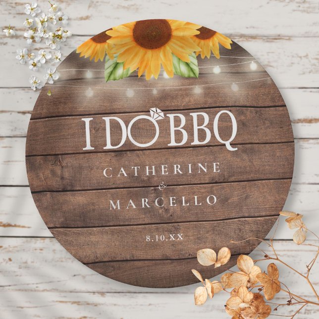 I Do BBQ Sunflower Rustic Wood Engagement Party Paper Plates (Creator Uploaded)