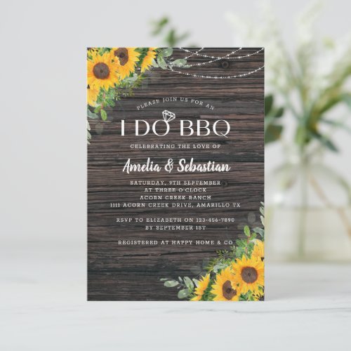 I Do BBQ Sunflower Wood Lights Bridal Shower Invitation