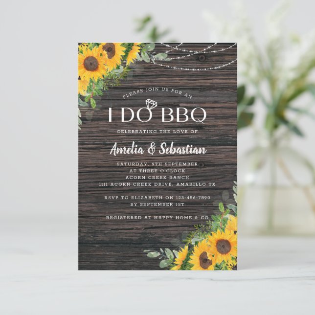 I Do BBQ Sunflower Wood Lights Bridal Shower Invitation (Standing Front)