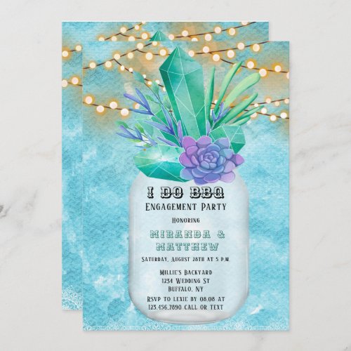 I Do BBQ Teal Lights Mason Jar Engagement Party Invitation