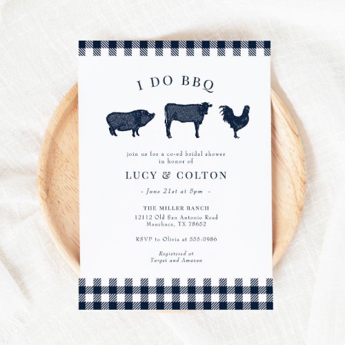 I Do BBQ Vintage Navy Gingham Bridal Shower Invitation