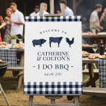 I Do BBQ Welcome Sign Vintage Blue Gingham<br><div class="desc">Welcome your guests with charm and country style using this “I Do BBQ” wedding welcome sign. Featuring a classic vintage blue gingham background and bold typography, this design is perfect for casual, rustic, or backyard celebrations. Whether you're hosting a couples shower, engagement party, or rehearsal dinner, this sign adds a...</div>