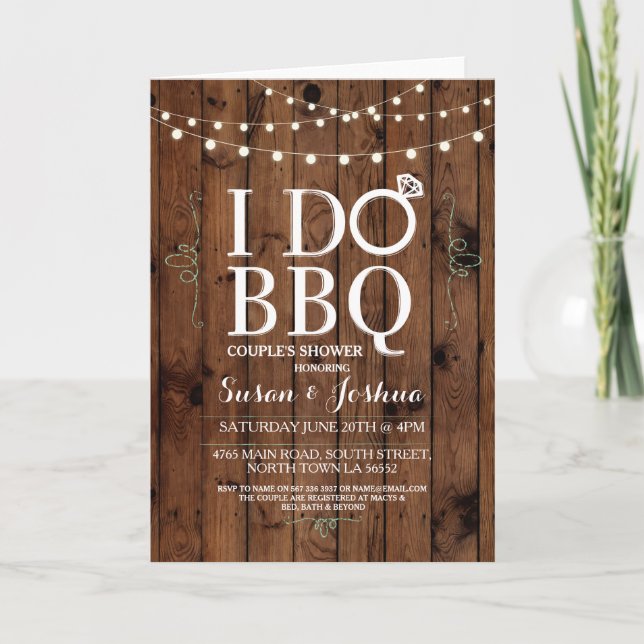 I DO BBQ Wood Folded Card Invitation Ring Rustic (Front)