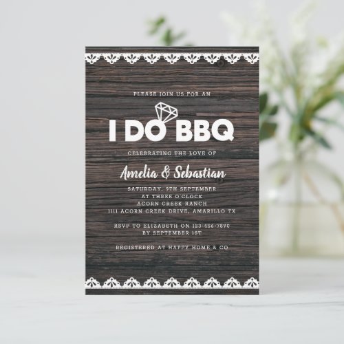 I Do BBQ Wood Lace Bridal Shower Invitation