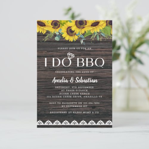 I Do BBQ Wood Lace Sunflower Bridal Shower Invitation