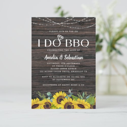 I Do BBQ Wood Lights Sunflower Bridal Shower Invitation