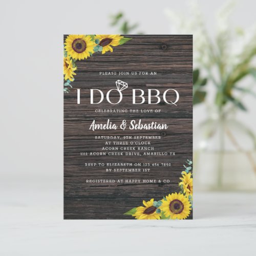 I Do BBQ Wood Sunflower Bridal Shower Invitation