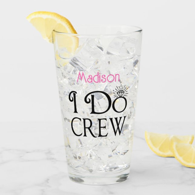 I Do Crew Black Pink Monogram Wedding Bridal Party Glass (Front Ice)