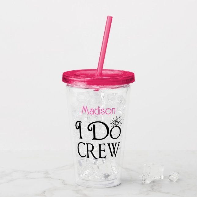 I Do Crew Black Pink Monogram Wedding Bridesmaid Acrylic Tumbler (Back Ice)