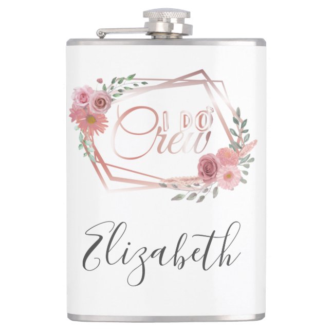 I Do Crew Pink Floral Blush Pink Flowers Greenery  Flask (Front)