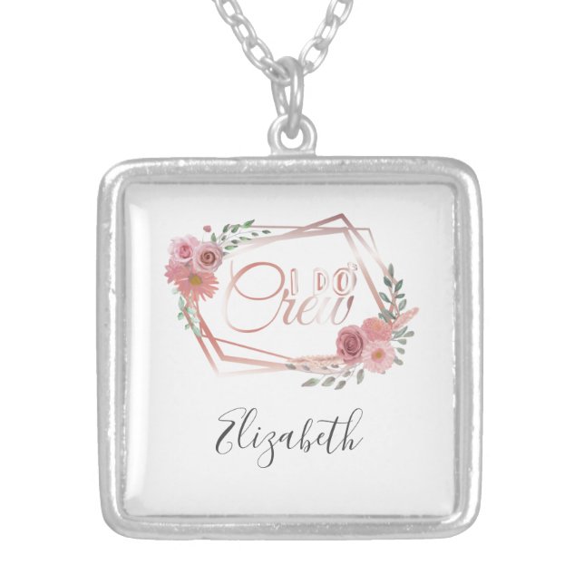 I Do Crew Pink Floral Blush Pink Flowers Greenery  Silver Plated Necklace (Front)