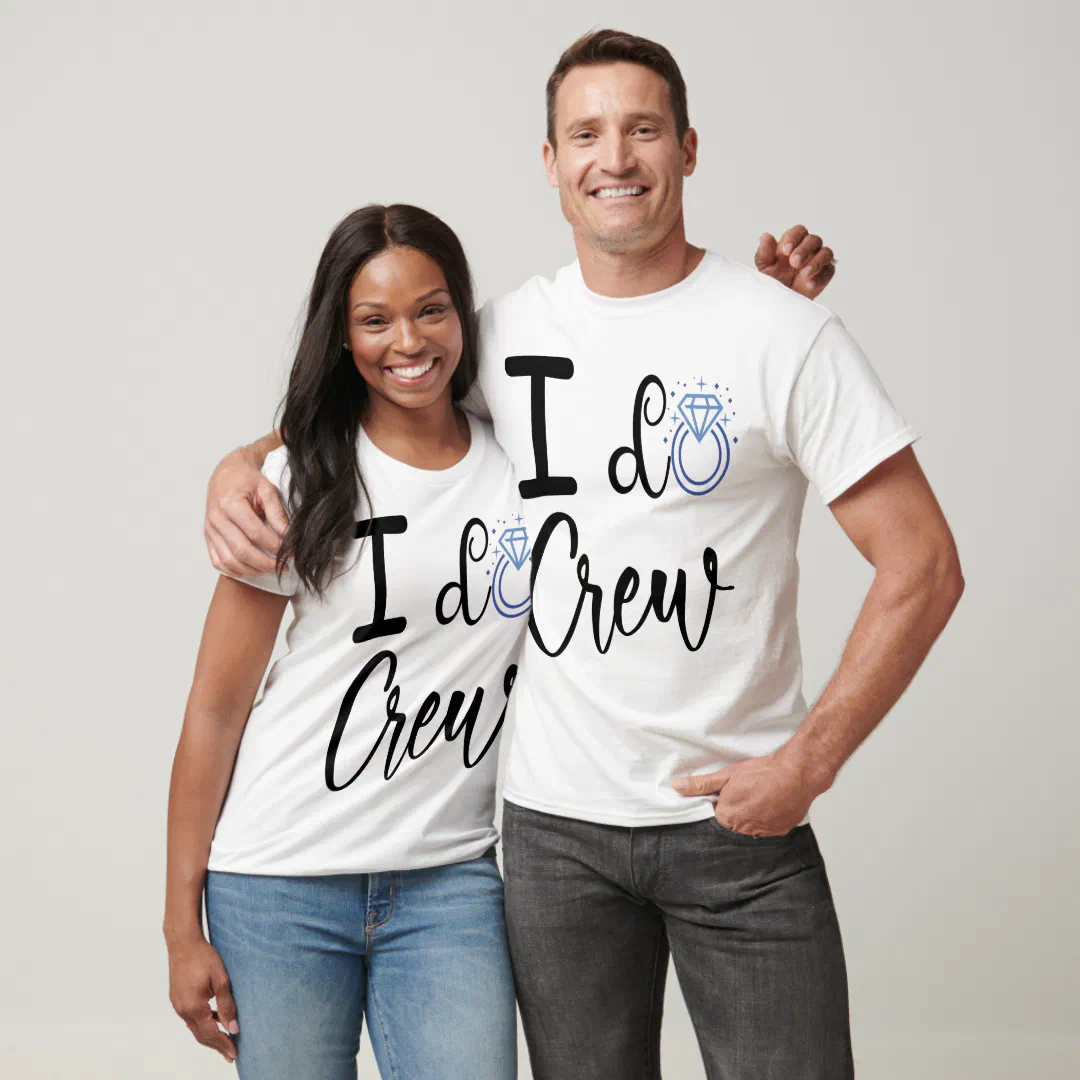 Woman and man embracing and wearing wedding t-shirts that function as bridal shower apparel.
