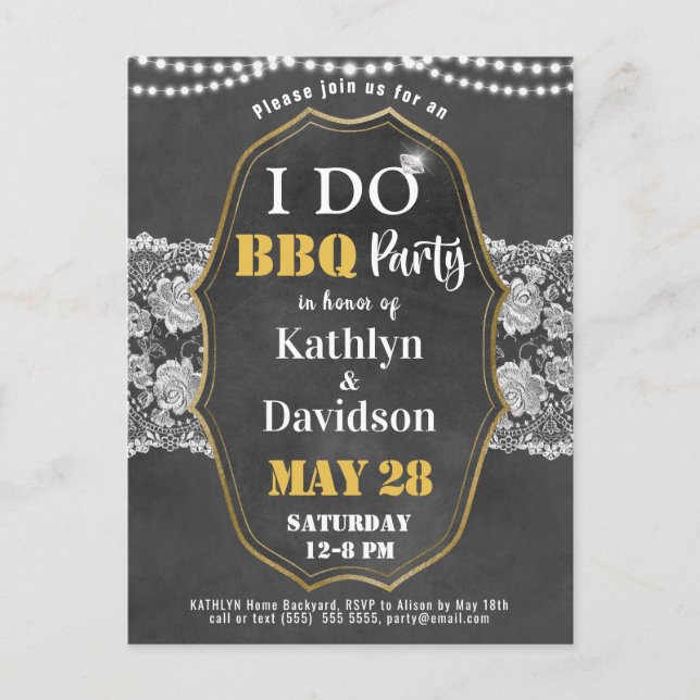 I DO Engagement Elegant Lace Chalkboard BBQ Party Invitation Postcard (Front)