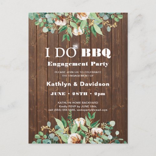 I DO Engagement Eucalyptus Floral Rustic Wood BBQ Invitation Postcard