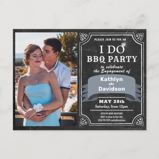 I DO Engagement Photo Black Chalkboard BBQ Party Invitation Postcard (Front)