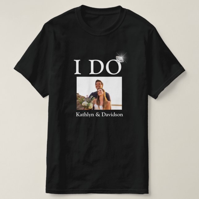 I DO Engagement Ring Couple Photo Name Minimalist T-Shirt (Design Front)
