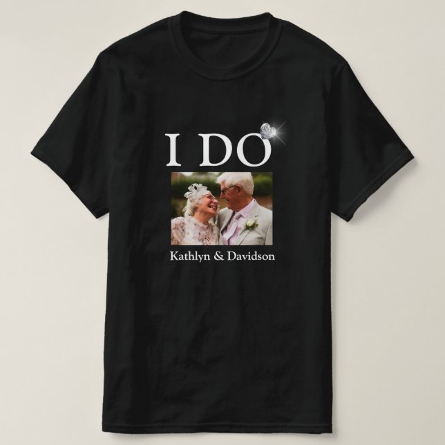 I DO Engagement Ring Couple Photo Name Minimalist T-Shirt (Design Front)