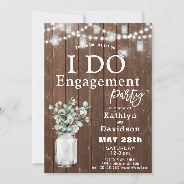 I DO Eucalyptus Mason Jar Elegant Engagement Party Invitation (Front)