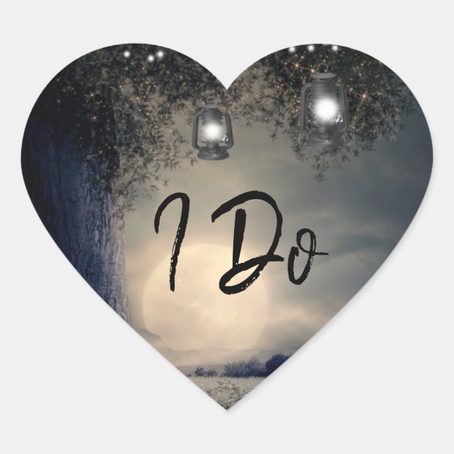 I Do Lit up Lanterns in Tree Moonlight Wedding Heart Sticker (Front)