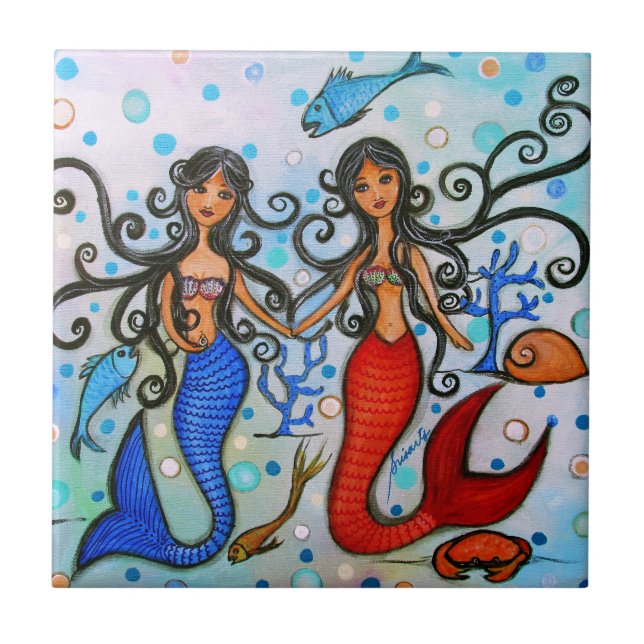 I do, Mermaid Couple Painting by Prisarts Ceramic Tile (Front)