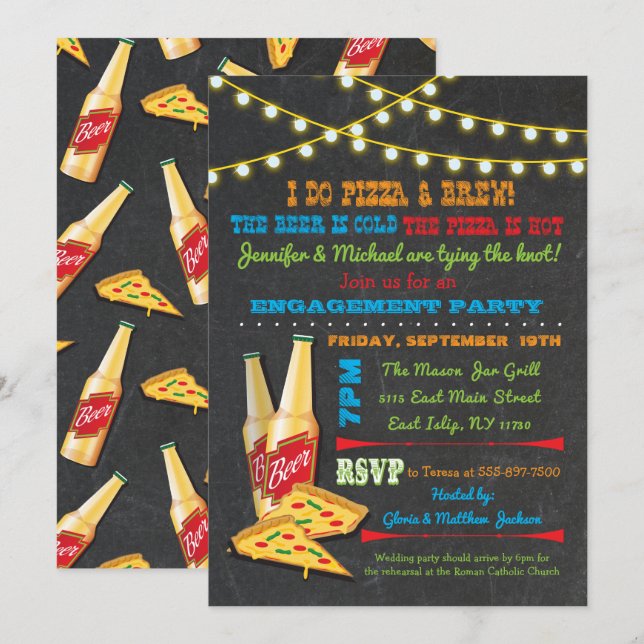 I do Pizza and Brew Engagement Party invitations (Front/Back)