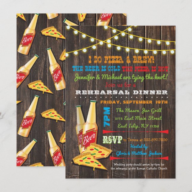 I do Pizza and Brew Rehearsal Dinner invitations (Front/Back)
