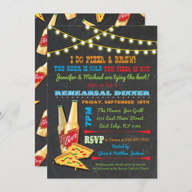 I do Pizza and Brew Rehearsal Dinner invitations (Front/Back)