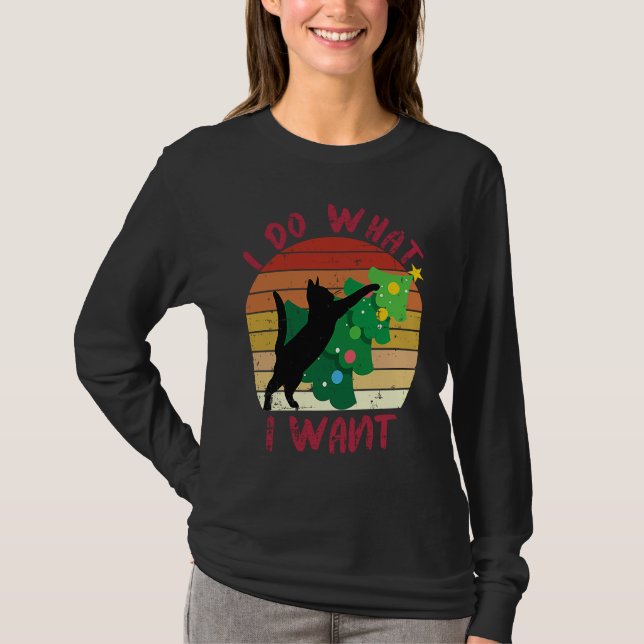 I Do What I Want Black Cat Christmas Tree Cat T-Shirt (Front)