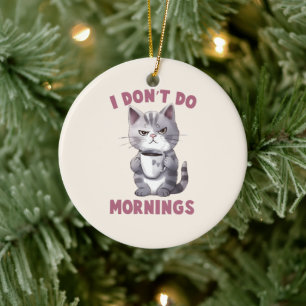I Don’t Do Mornings – Gray Cat with Coffee Ceramic Ornament