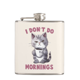 I Don’t Do Mornings – Gray Cat with Coffee Flask