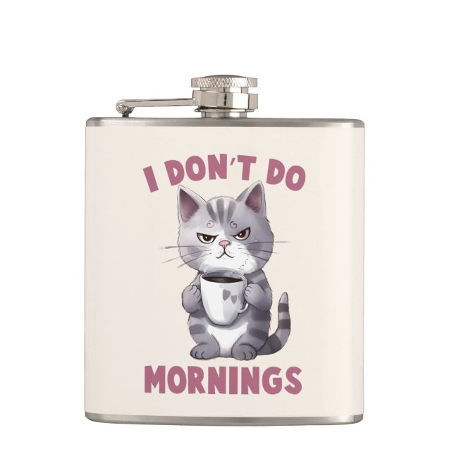 I Don’t Do Mornings – Gray Cat with Coffee Flask (Front)