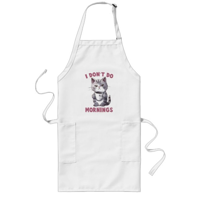 I Don’t Do Mornings – Gray Cat with Coffee Long Apron (Front)
