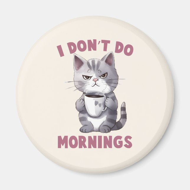 I Don’t Do Mornings – Gray Cat with Coffee Magnet (Front)