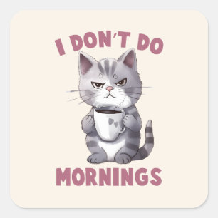 I Don’t Do Mornings – Gray Cat with Coffee Square Sticker
