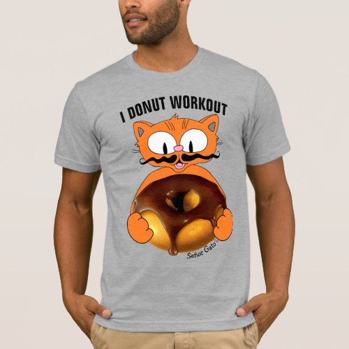 I DONUT WORKOUT Cartoon Cat Holding Huge Donut T_Shirt