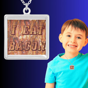 I Eat Bacon Text with Background Square Silver Plated Necklace