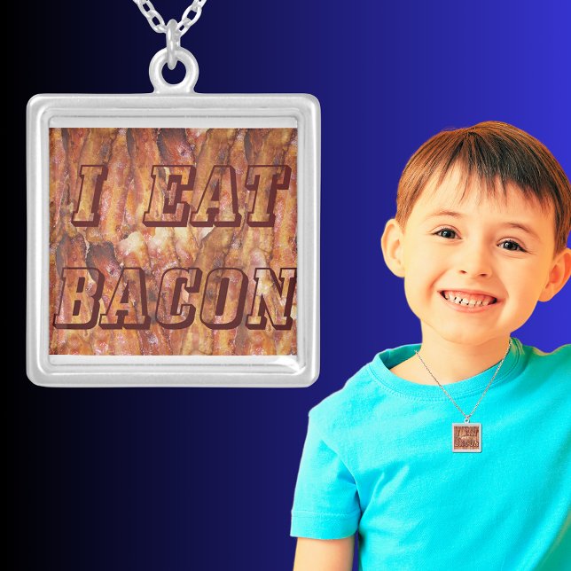 I Eat Bacon Text with Background Square Silver Plated Necklace (I Eat Bacon Text with Background Square Silver Plated Necklace)