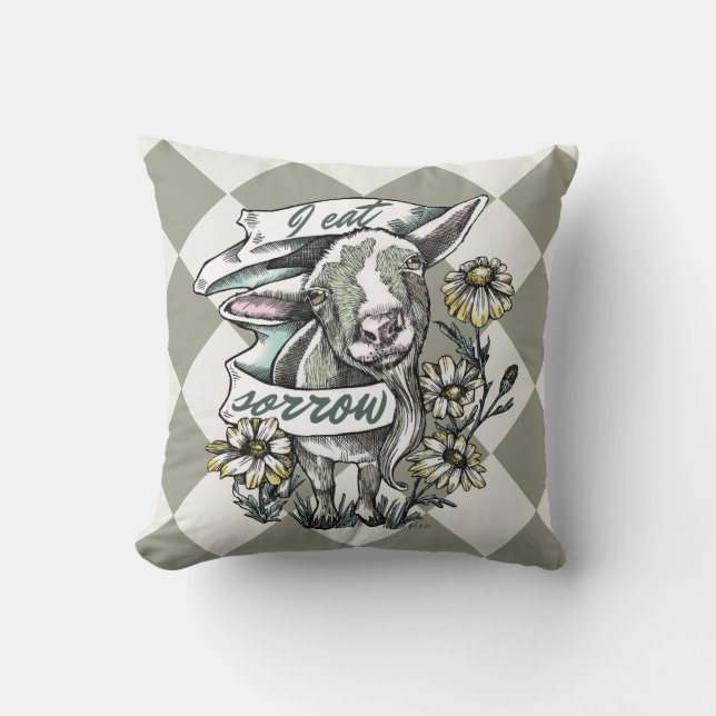 I Eat Sorrow: Happy Goat and Daisies (checks) Throw Pillow (Front)