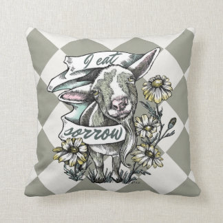 I Eat Sorrow: Happy Goat and Daisies (checks) Throw Pillow