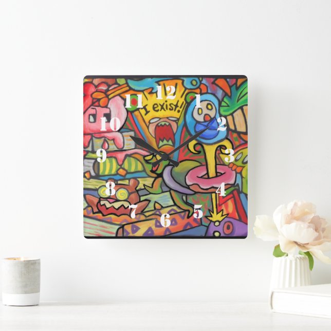 I Exist By Squid Fear City Square Wall Clock (Home)