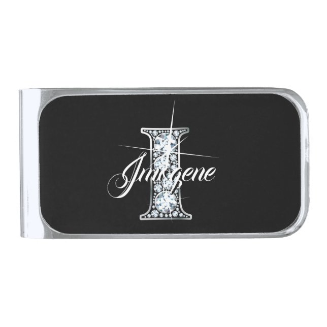I Faux Diamond Bling Monogram Silver Finish Money Clip (Front)