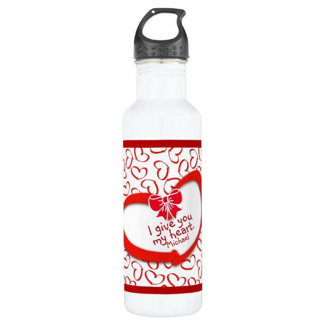 "I give you my Heart" Valentines Day Heart Pattern Water Bottle (Front)