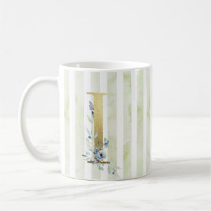 I golden initial with on blue and white stripes coffee mug
