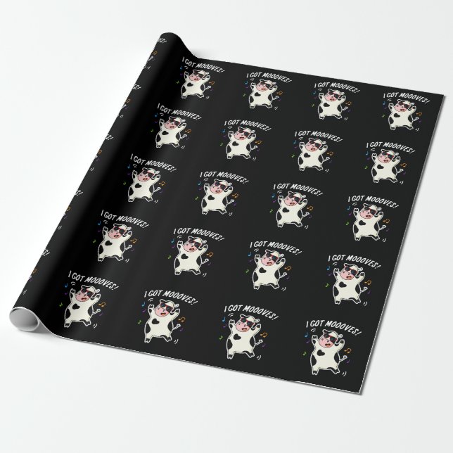 I Got Moooves Funny Dancing Cow Pun Dark BG Wrapping Paper (Unrolled)