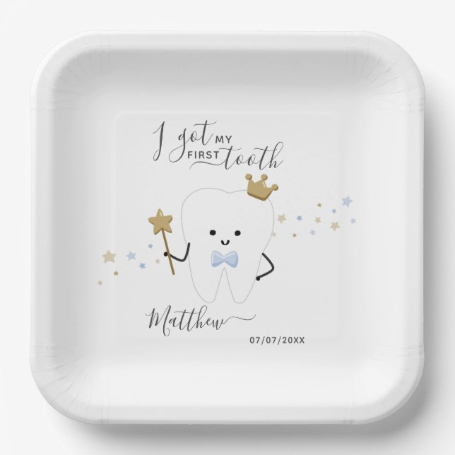 I got my first tooth Baby Boy Teething Date Squar Paper Plates (Front)