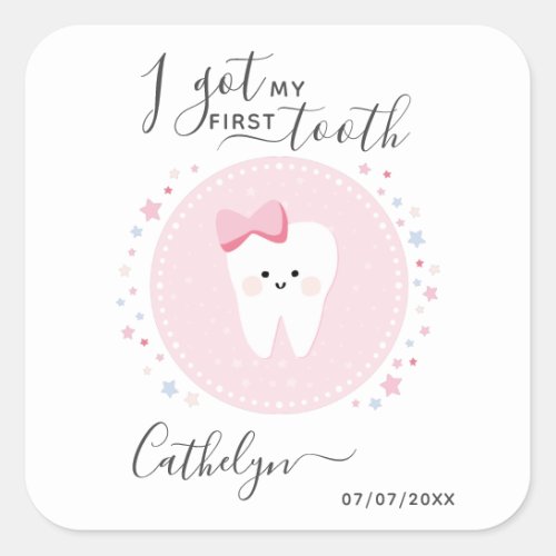 I got my first tooth Baby Girl Teething Date Square Sticker